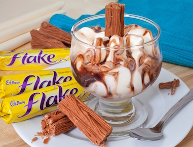 Elegant glass filled with dairy ice cream layered with thick chocolate sauce and delicious Cadbury Flake.
