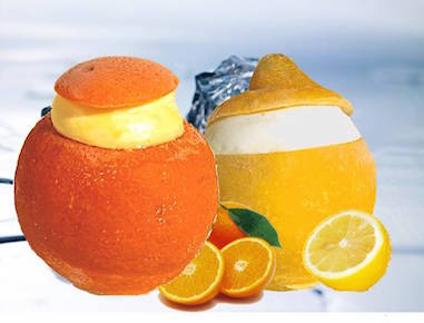 A whole fresh Orange or Lemon scooped and refilled with tangy Sorbet.
